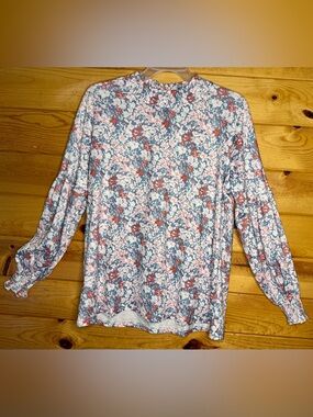 Floral Smocked Neck Long Sleeve Top - Blue/Pink with Fun Layered Sleeves